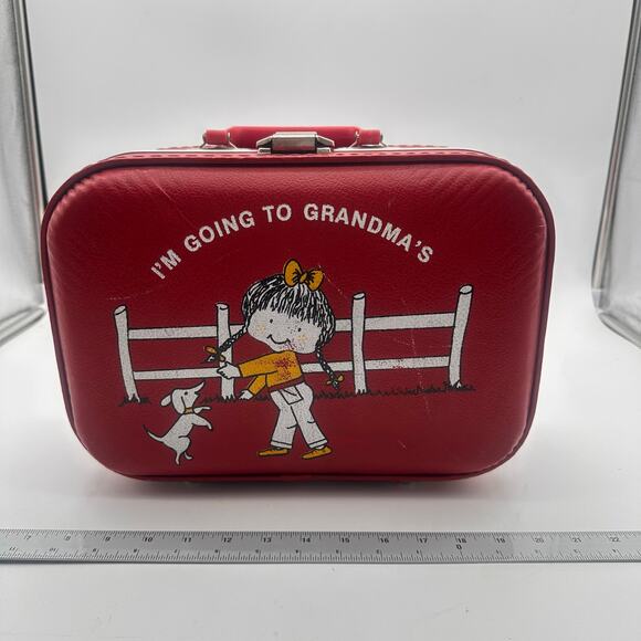 Vtg hard suitcase kids Red Going to Grandma's House Child's Suitcase 13 X 9 X 5 - Picture 1 of 14